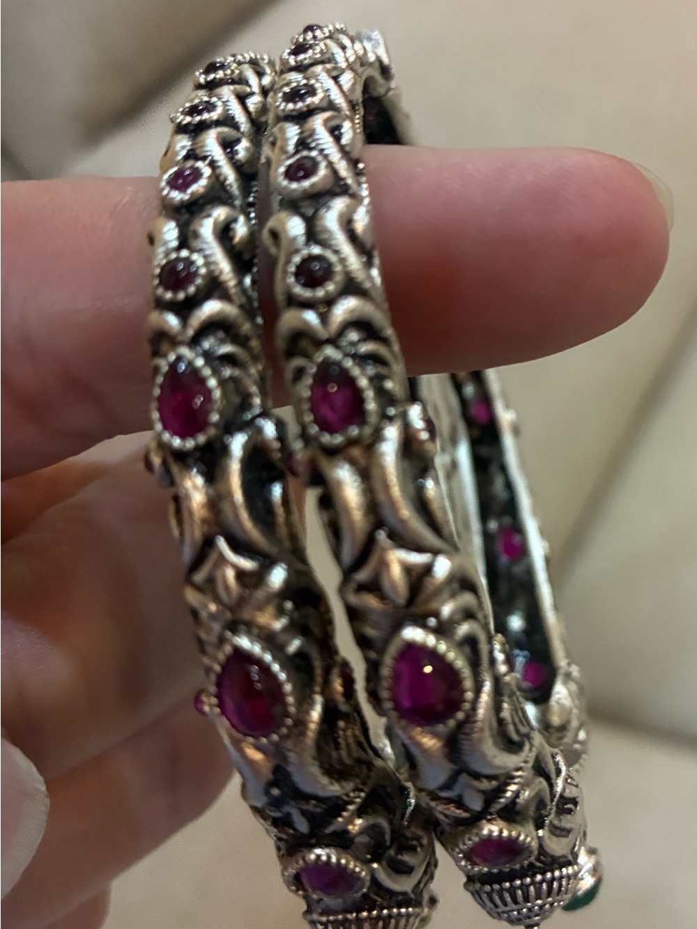 Silver-Tone Filigree Bangle Pair with Green and Pink Stones